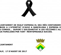 L’Ajuntament de Rialp expresa el seu condol i rebuig l’atemptat d’avui a Barcelona suport i solidaritat a les víctimes i als seus familiars.